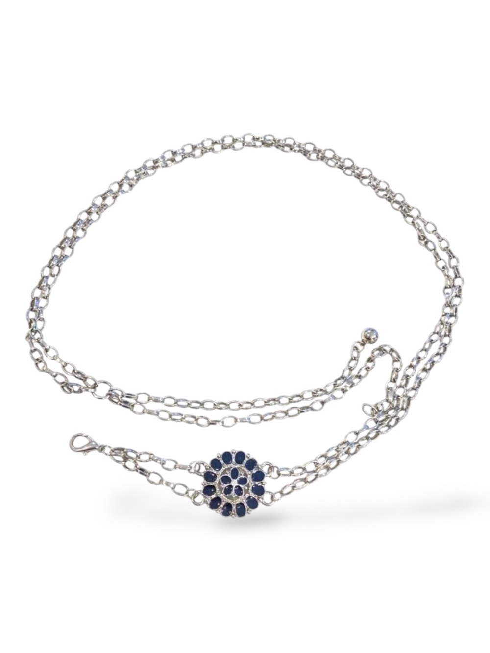 Y2K-Inspired Silver Chain Belt W/ Black Enamel Flower Detail Adjustable Fit Wome
